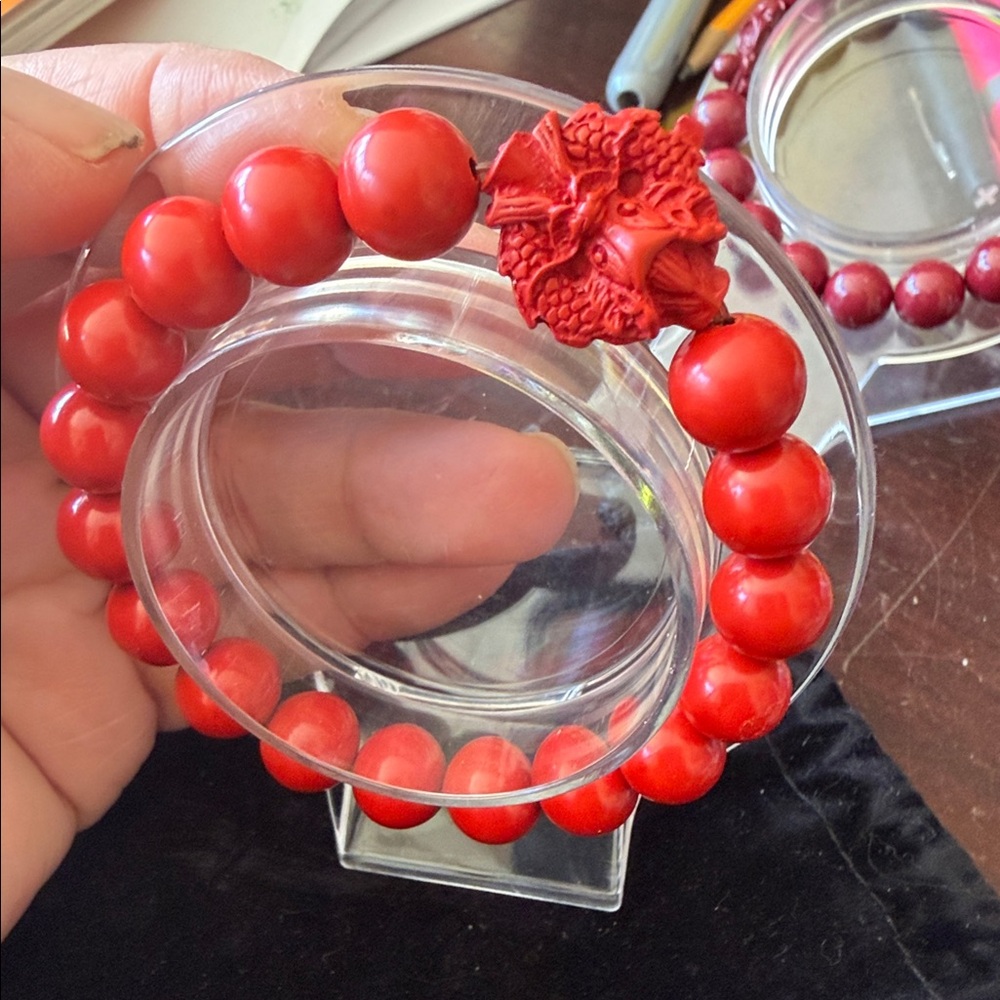 Red Beaded cinnabar Bracelet with lucky dragon Accent